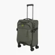Khakifarvet Travelite Briize softcase-kabinekuffert med forlomme, gule lynlåstræk og fire dobbelthjul