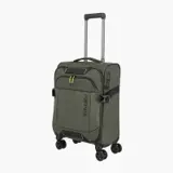 Khakifarvet Travelite Briize softcase-kabinekuffert med forlomme, gule lynlåstræk og fire dobbelthjul