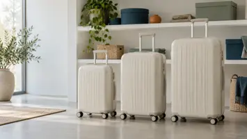Tre hvide hardcase-kufferter i lille, mellem og stor størrelse står på række foran hvide hylder