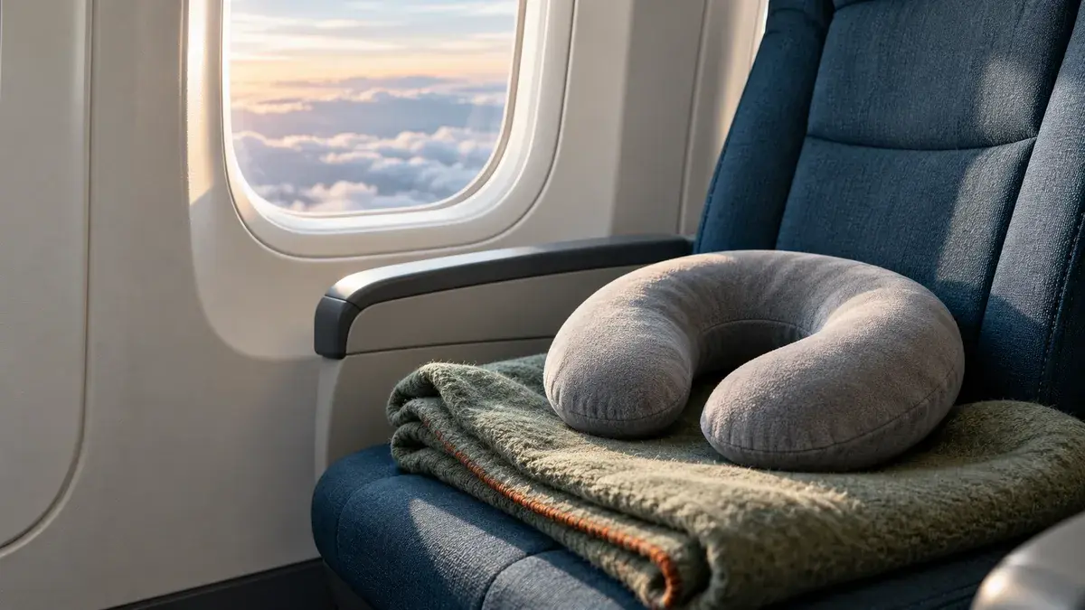 En grå rejsenakkepude ligger på et foldet uldtæppe i et flysæde ved vinduet med skyer udenfor