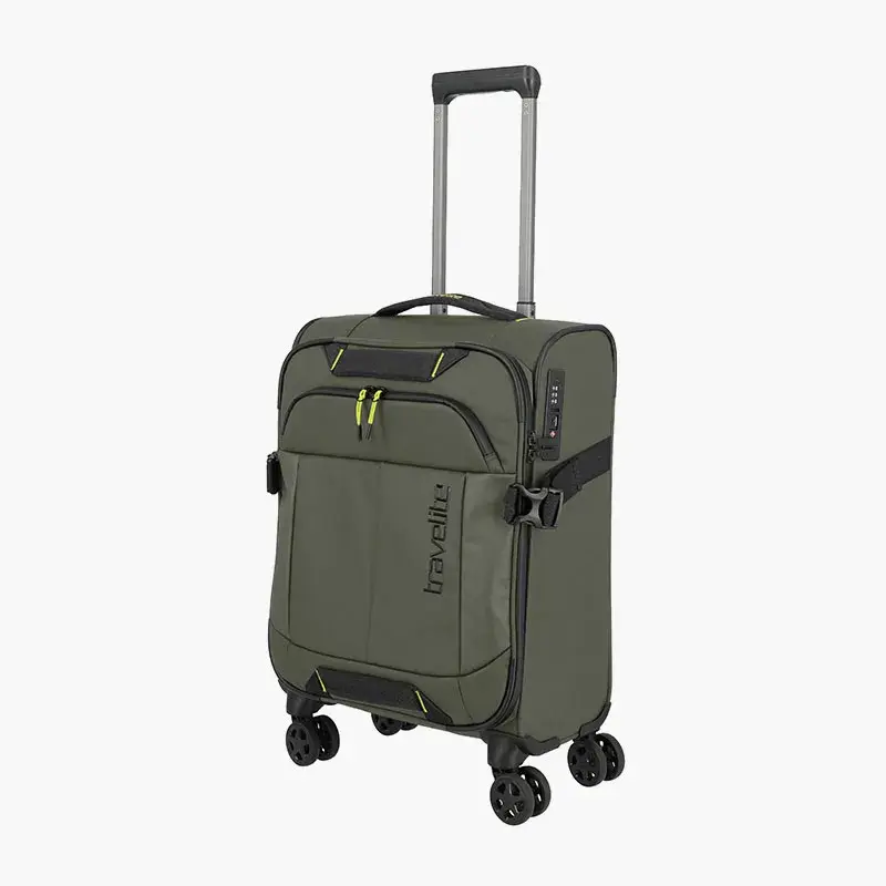 Khakifarvet Travelite Briize softcase-kabinekuffert med forlomme, gule lynlåstræk og fire dobbelthjul