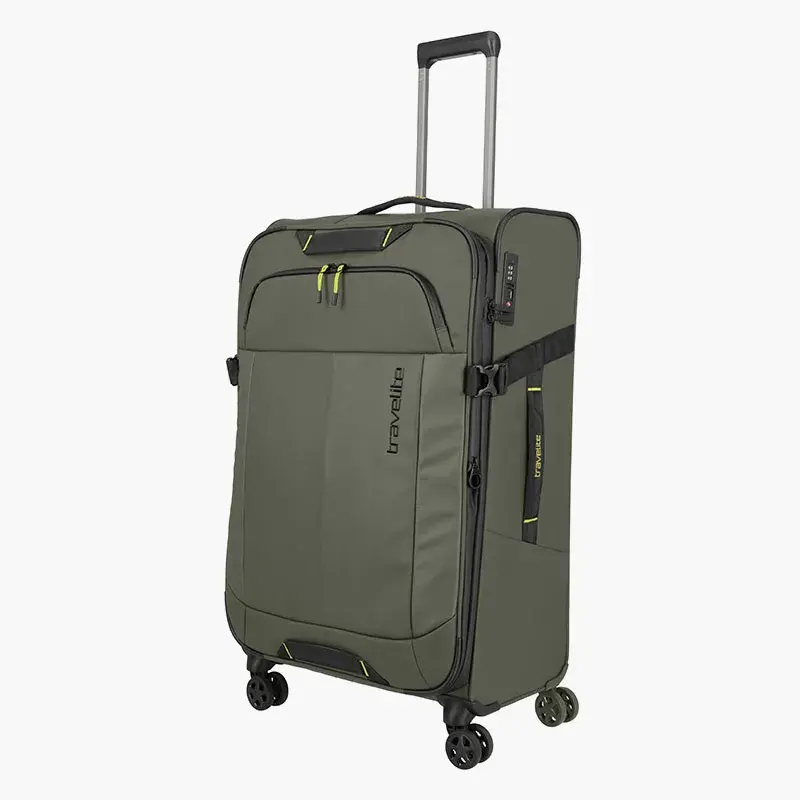 Khakifarvet stor Travelite Briize softcase-kuffert med forlomme, sidespænde og fire dobbelthjul