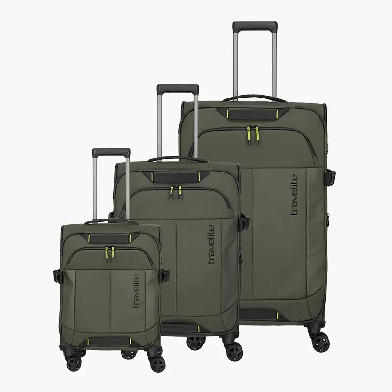 Tre khakifarvede Travelite Briize softcase-kufferter i stigende størrelse med forlommer