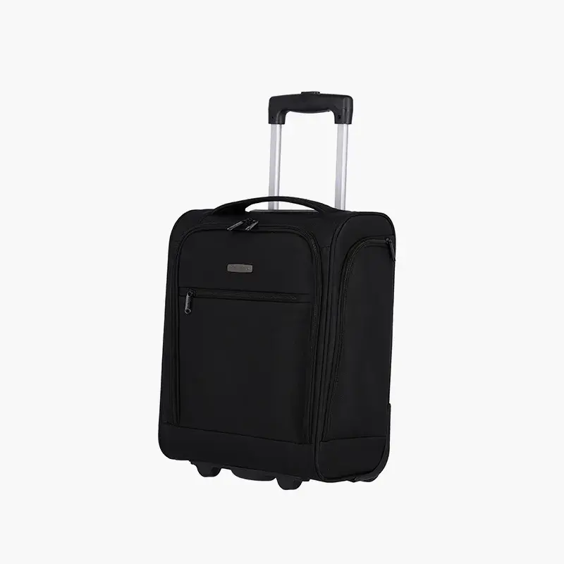 Sort Travelite Cabin Underseater i stof med frontlomme, to hjul og udtrukket håndtag