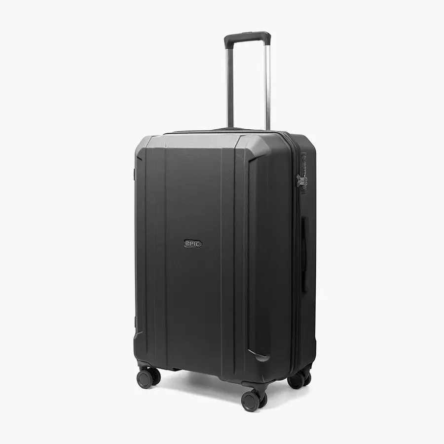 Sort mat EPIC Airwave Neo stor kuffert med kantede skalpaneler og fire hjul