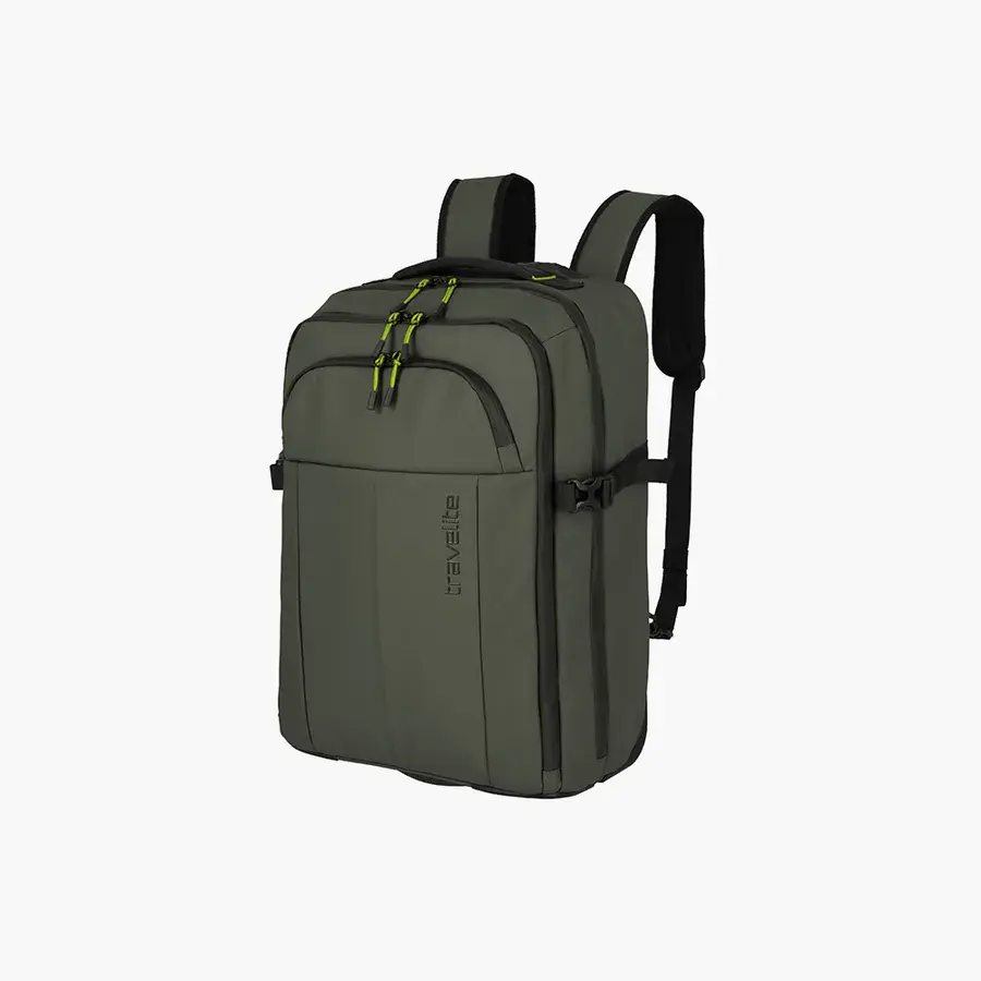 Travelite Briize trolley-rygsæk i khaki med limegrønne lynlåstræk og sorte skulderstropper